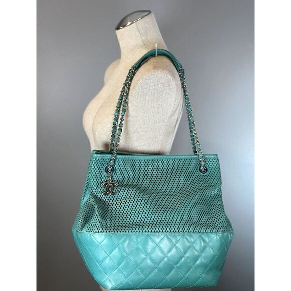 Chanel Calfskin Perforated Up in the Air North South Tote in Teal - Picture 4 of 13